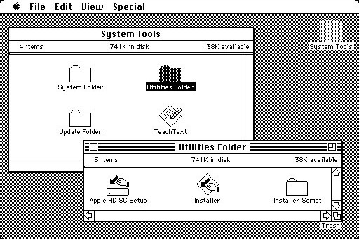 Mac OS System 4 desktop and Finder (1987) (1987)